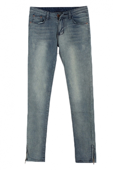 Zip Leg Opening Light Wash Skinny Jeans with Whiskering