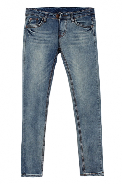 Mid Wash Low Rise Skinny Jeans with Whiskering