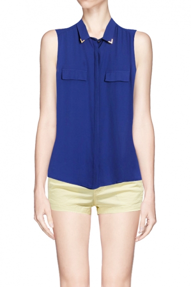 Solid Faux Pocket Front Sleeveless Shirt with Dip Hem