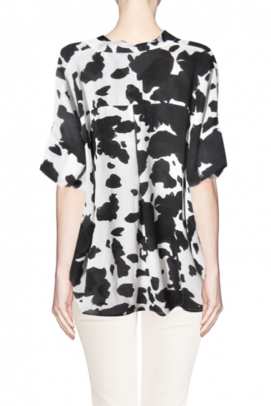 Short Sleeve Collared Milk cow Print Button Fly Dip Back Shirt
