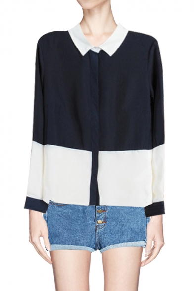 Color Block Concealed Placket Long Sleeve Shirt