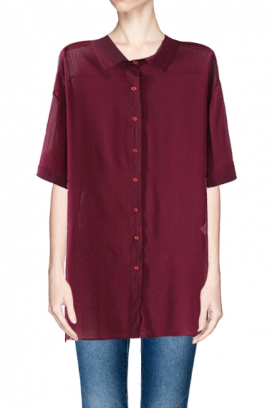 Dropped Shoulder Collared Button Placket Solid Longline Shirt