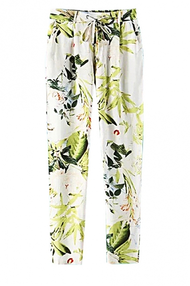 Fashion Botanical Print Drawstring Waist Pocket Pants - Beautifulhalo.com