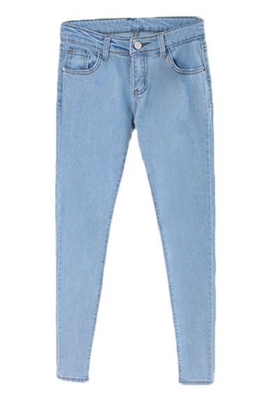 Plain Casual Jeans with Side Pockets and Zipper Fly