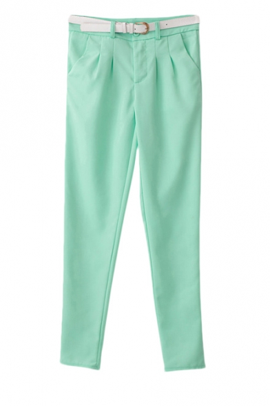 Plain Zipper-fly Skinny Pants with Pockets and Belt