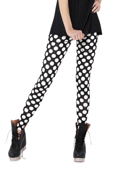 Black Skinny Leggings with White Polka Dot Print