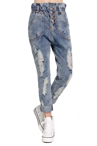 High Rise Ruffle-Waist Distressed Jeans with Four Buttons