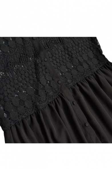 Collared Button Fly Sleeveless Dress with Lace Overlay - Beautifulhalo.com