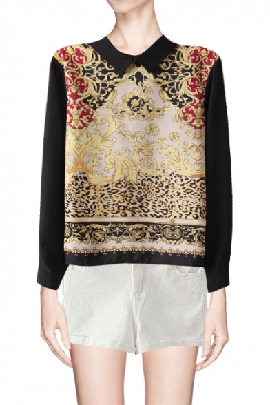Contrast Collar and Sleeve Oriental Mixed Print Blouse