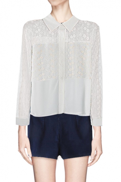 Floral Lace Paneled Button Through Collared Soft Shirt