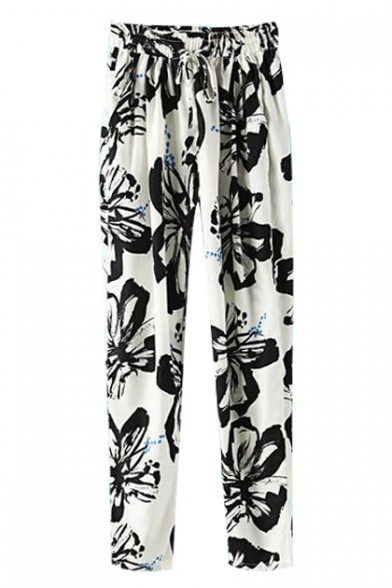 Water Color Floral Print Elastic Waist Pants with Drawstring
