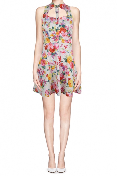 Cut Out Button Front Collared Floral Print Dress