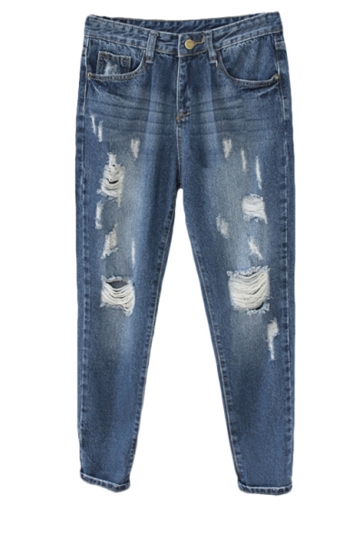 Middle Wash Ripped Harem Jeans with Side Pockets
