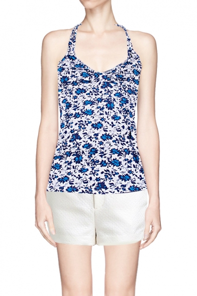 Floral Print Racerback Cami with Gathered Waist