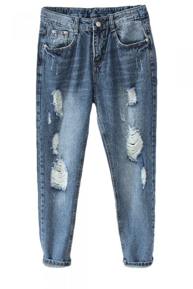 Fashionable Distressed Harem Jeans with Pockets and Zipper