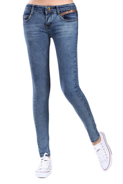 Low Waist Zip Fly Skinny Jeans with Whiskering