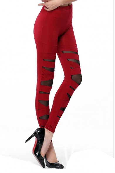 Sexy Cutout Cotton-blend Ankle Leggings with Elastic Waist