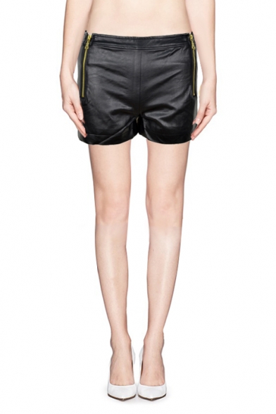 Fashionable Zip Detail High Waist Leather Hotpants
