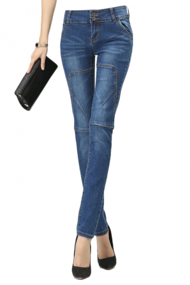 Stitch Detail Mid Rise Zip Fly Skinny Jeans
