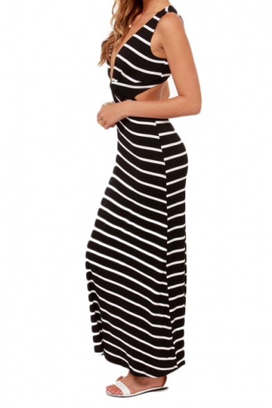 Plunging V-neck Cutout Back Maxi Dress in Stripes - Beautifulhalo.com
