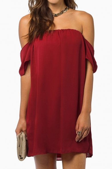 Plain Cold Shoulder Chiffon Dress in Mini Length - Beautifulhalo.com