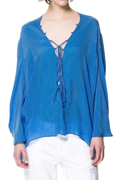 Blue Lace-up Front V-neck Long Sleeve Boxy Blouse