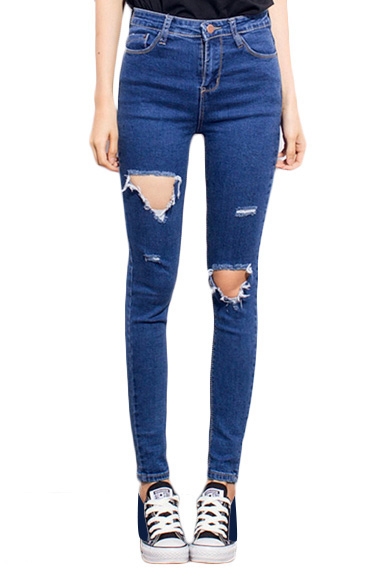 High Rise Ripped Detail Zipper Fly Skinny Jeans