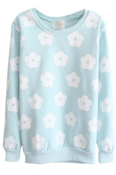 Mono Floral Print Long Sleeve Round Neck Sweatshirt