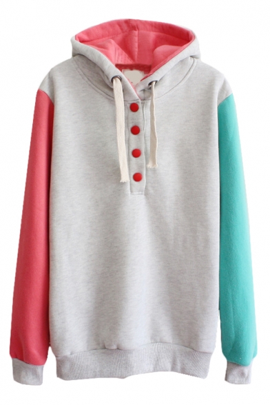 Special Color Block Button Front Hoodie with Long Sleeve ...