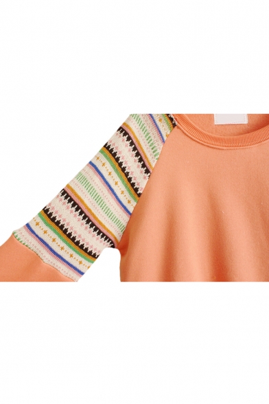 Simple Round Neck Sweatshirt with Knitted Raglan Sleeve