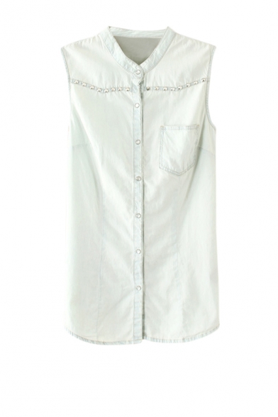 Bleached Stand Collar Denim Vest with Stud Detail