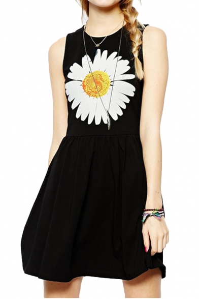 Must-have Comfortable Sleeveless A-line Dress in Sunflower Pattern