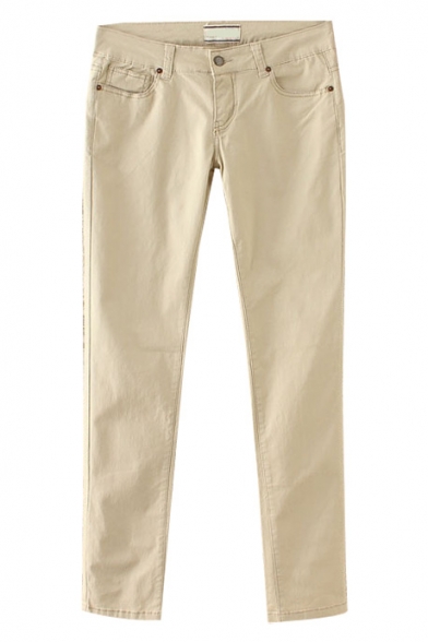 Plain Low Rise Zip Fly Pants in Cotton