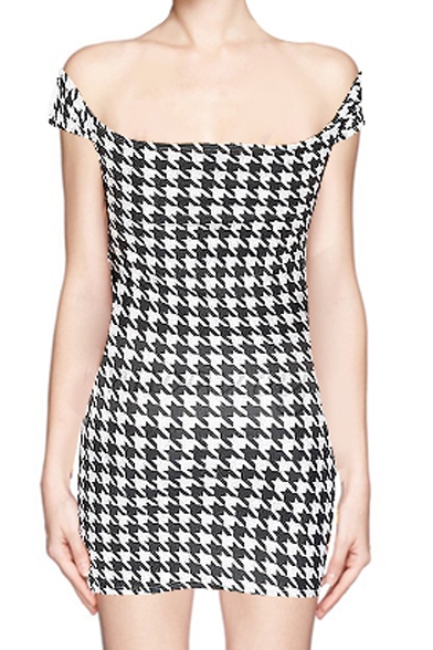 Boat Neck Short Sleeve Mini Dress in Houndstooth Print