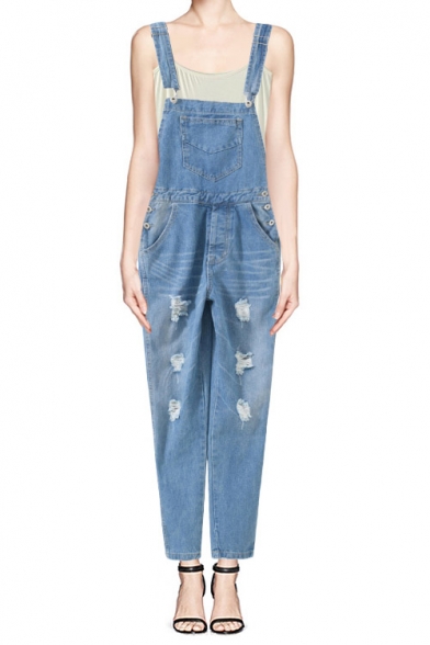 Light Wash Ripped Denim Overall with Pocket Front