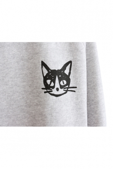 Cat Pattern Long Sleeve Sweatshirt with Contrast Collar and Cuff ...