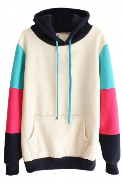 Eyes-catching Color Block Long Sleeve Hoodie with Pocket Front