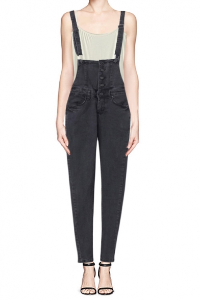 Fashionable Skinny Single-breasted Denim Overall with Pocket Front