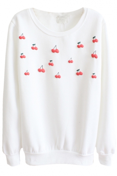 Cherry Print Long Sleeve Round Neck Sweatshirt in Cotton