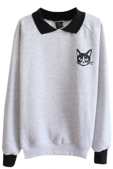 Cat Pattern Long Sleeve Sweatshirt with Contrast Collar and Cuff