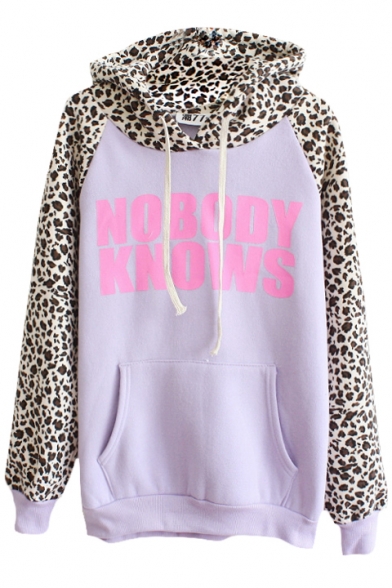 Leopard and Letter Print Pocket Front Hoodie with Long Sleeve