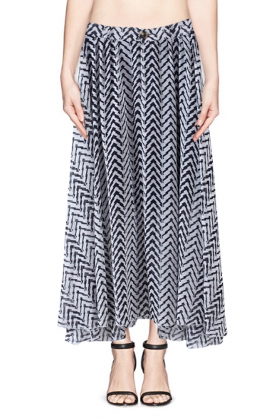 One Button Zip-zag Print Chiffon Skirt with Asymmetric Hem