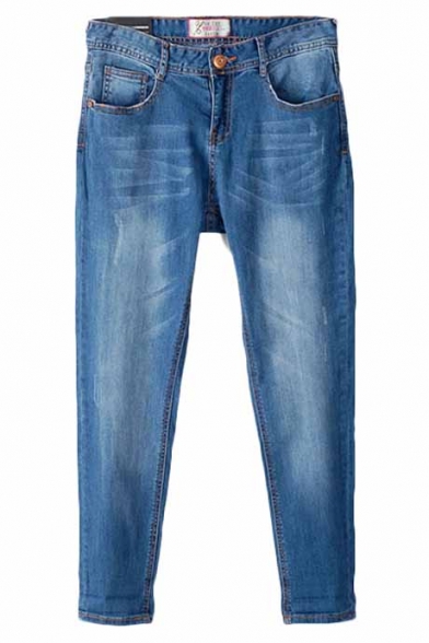 Blue Zip Fly Pocket Front Bleached Crop Jeans