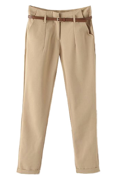 Plain Zipper-fly Cuffed Hem Skinny Trousers with Belt
