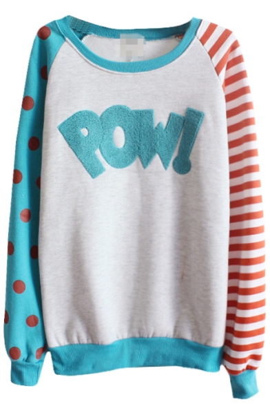 Polka Dot and Stripe Print Sweatshirt with Letter Pattern