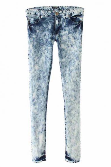 Skinny Bleached Jeans with Zipper and Pocket