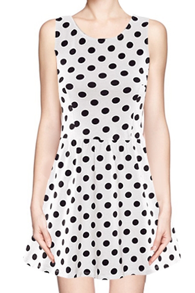 Must-have Sleeveless A-line Dress in Polka Dot Print