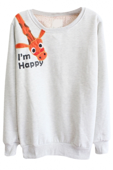 Cartoon Giraffe Print Long Sleeve Round Neck Sweatshirt