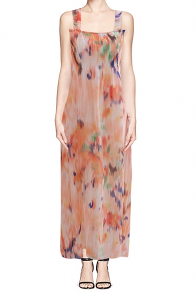 Colorful Print Sleeveless Chiffon Dress in Maxi Length