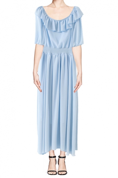 Blue Elastic Waist Short Sleeve Maxi Dress with Peplum Hem